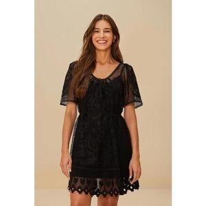 Farm Rio Black Pineapple Guipure Lace Fit & Flare Mini Party Dress Womens Size M